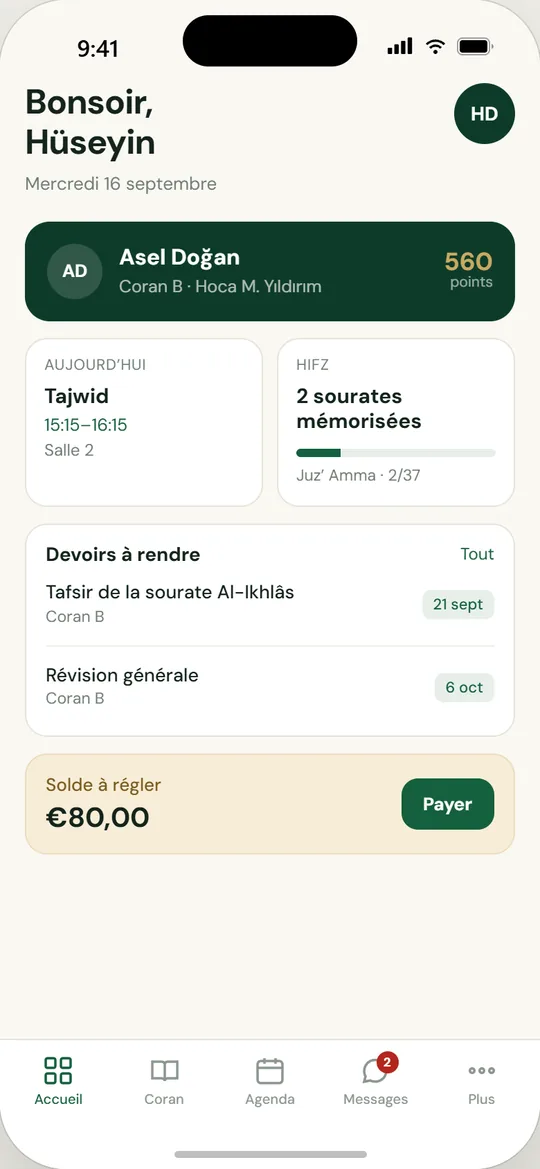 Écran de l'application mobile Mektebim : L'accueil des parents