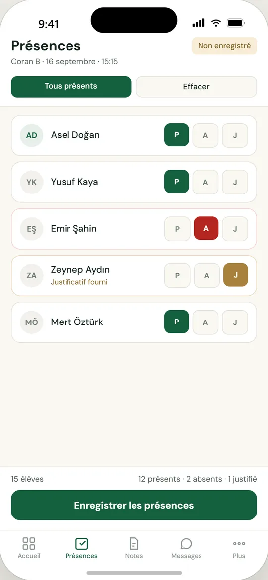 Écran de l'application mobile Mektebim : L'appel en quelques secondes