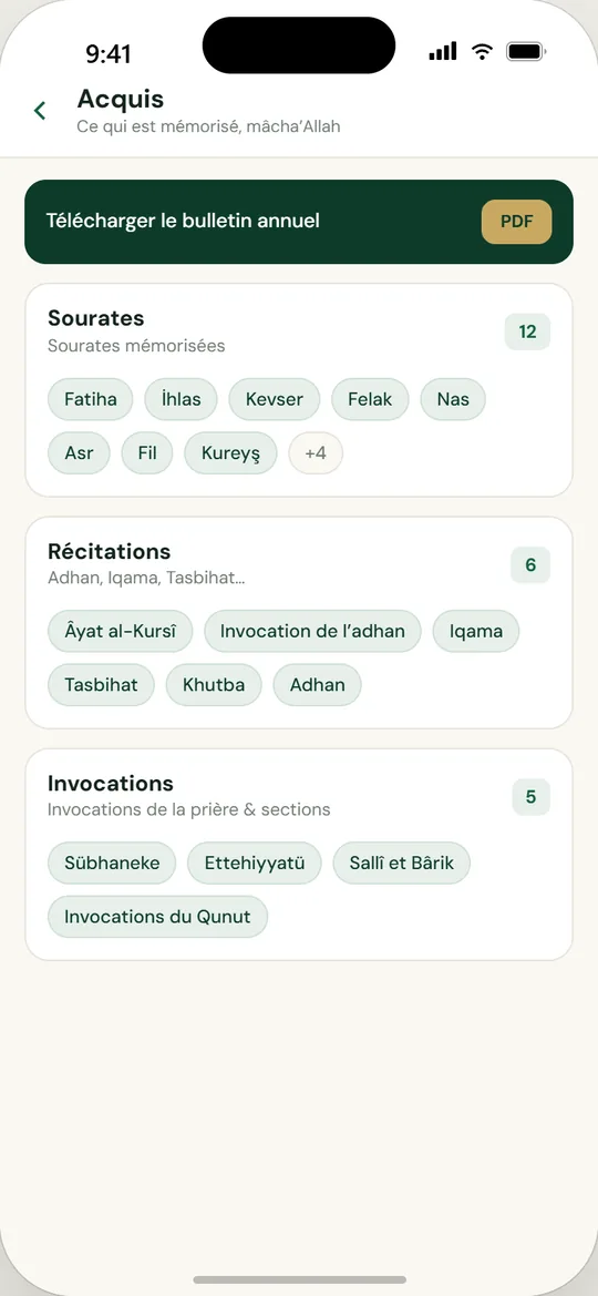 Écran de l'application mobile Mektebim : Le Hafızlık, pas à pas