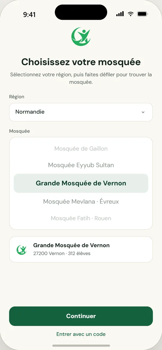 Écran de l'application mobile Mektebim : Votre mosquée, votre espace