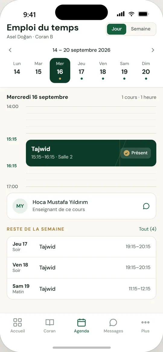 Écran de l'application mobile Mektebim : L'emploi du temps