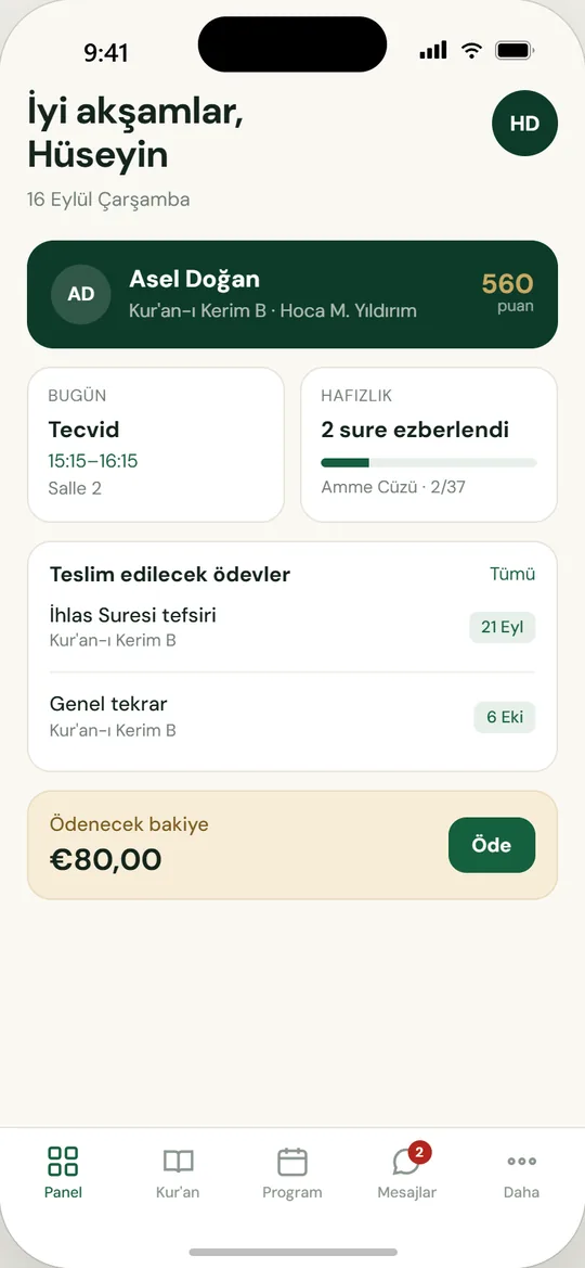 Mektebim mobil uygulaması ekranı: Veli ana sayfası