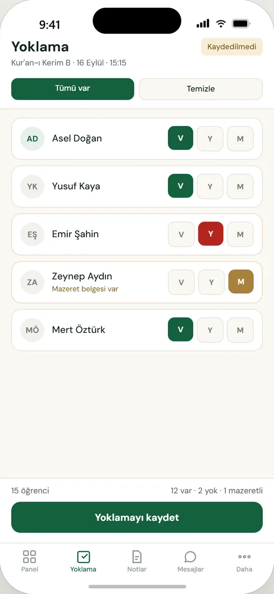 Mektebim mobil uygulaması ekranı: Saniyeler içinde yoklama