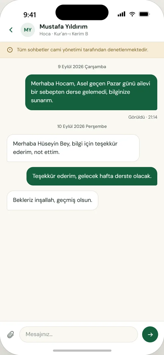 Mektebim mobil uygulaması ekranı: Denetimli mesajlaşma
