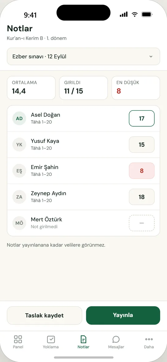 Mektebim mobil uygulaması ekranı: Notlar, siz yayınlayınca