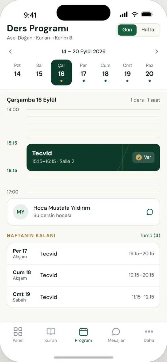 Mektebim mobil uygulaması ekranı: Ders programı